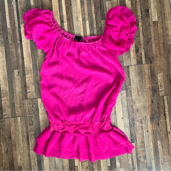 Mandee Sheer Off-Shoulder Ruffle Hem Top Pink Sz L - Picture 14 of 16